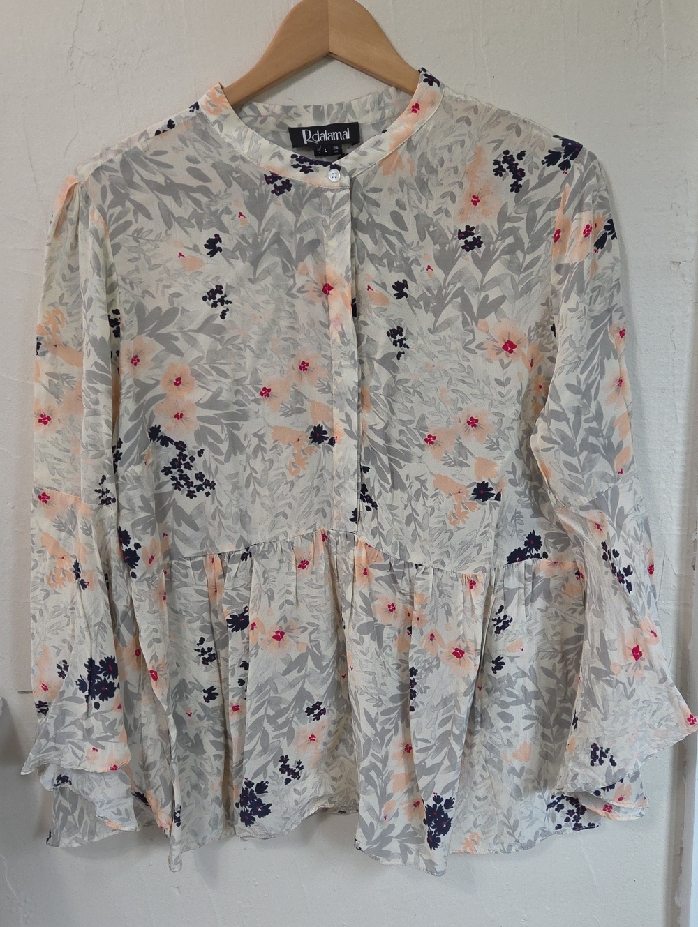 Floral Peplum Blouse in Cream and Peach By Rdalamal Size L